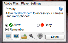 Screenshot: Facebook video call Flash Player permissions